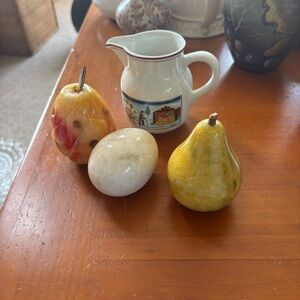 Carved Stone Decorative Pears and Egg plus Villeroy & Boch creamer. Vintage.
